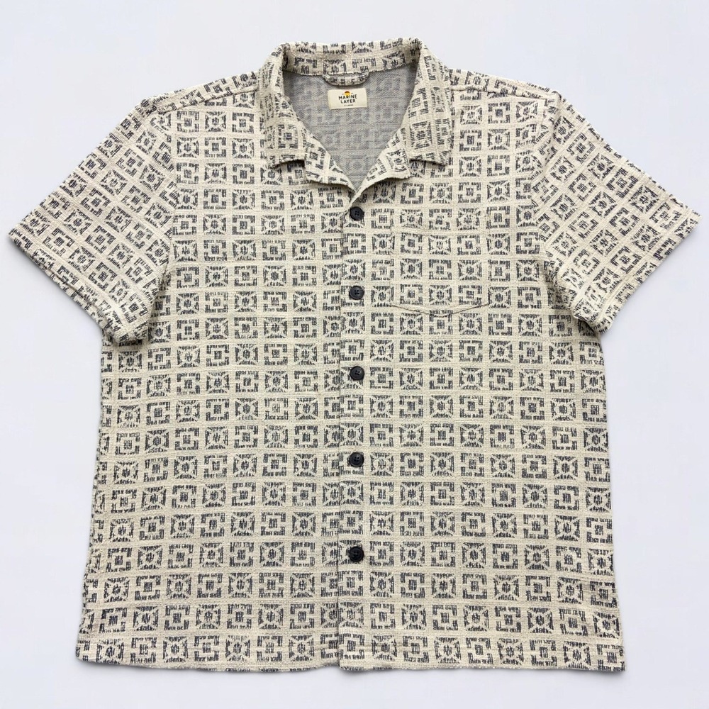 Marine Layer Resort Shirt Men's XL Tan Neutral Geo Archive Cam Jacquard Camp - Picture 2 of 14